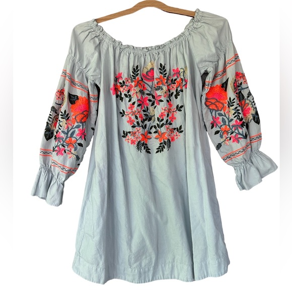 Free People Fleur Du Jour Blue Dress, Floral Embroidery Off Shoulder, Small. - Picture 2 of 9